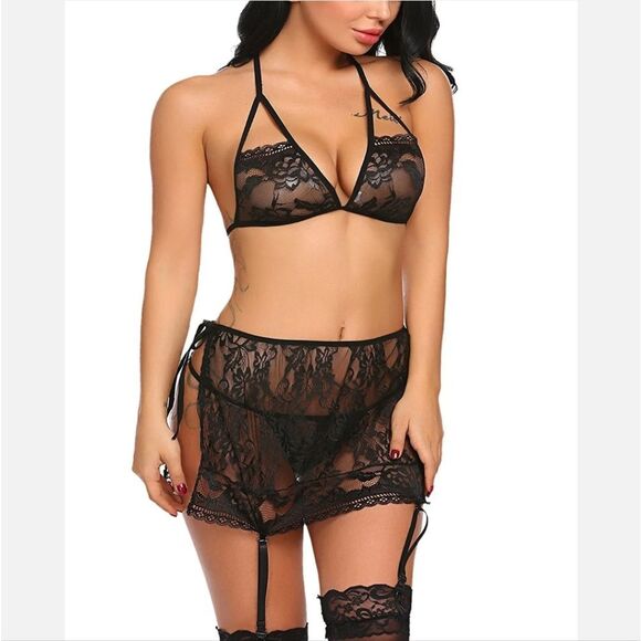 Women Sexy Lingerie Babydoll Sleepwear Lace Bra and Panty Sets with Garter US - Picture 3 of 3